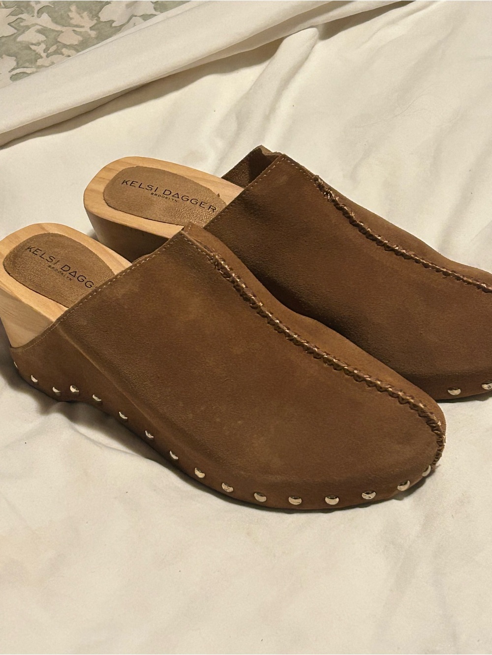Kelsi Dagger Chestnut Brown Suede Clog Mules with Wood Platform